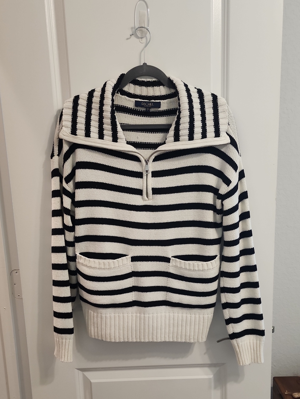 Rachel Roy Black and Cream Striped Half-Zip Sailor Pullover Small fits Large